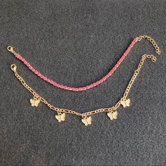 Gold Toned Butterfly & Pink Rhinestone Anklet Set - Picture 3 of 6